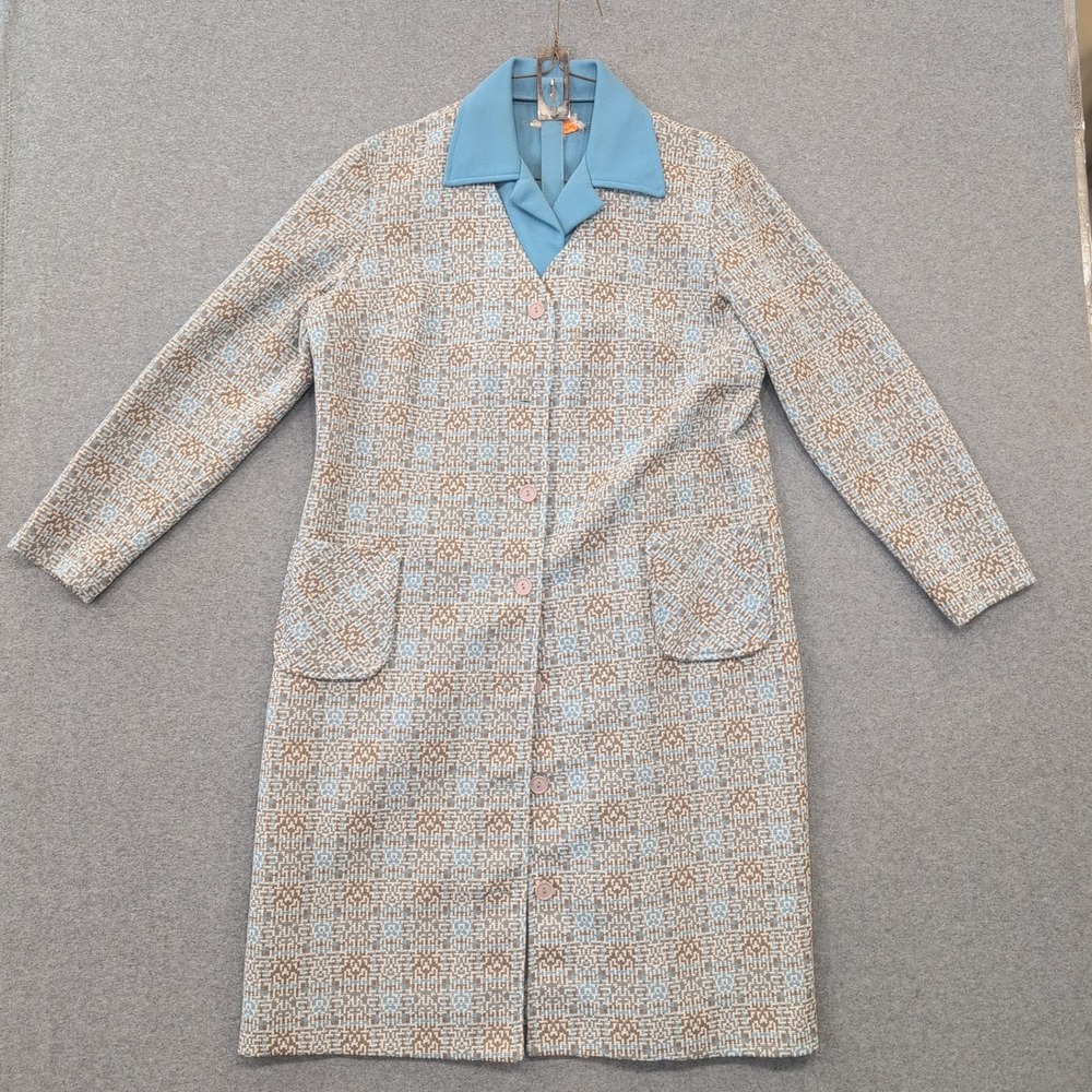 Vtg Lady Caro Blue & Tan Geometric Pattern Button Front Coat Dress Size M